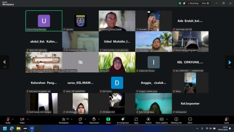 Kegiatan Rakor Pelaksanaan Muskel DTSEN secara zoom meeting, Senin (09/03/26). (Foto: Tangkapan Layar/ Diskominfo Depok/ Dinsos Depok).